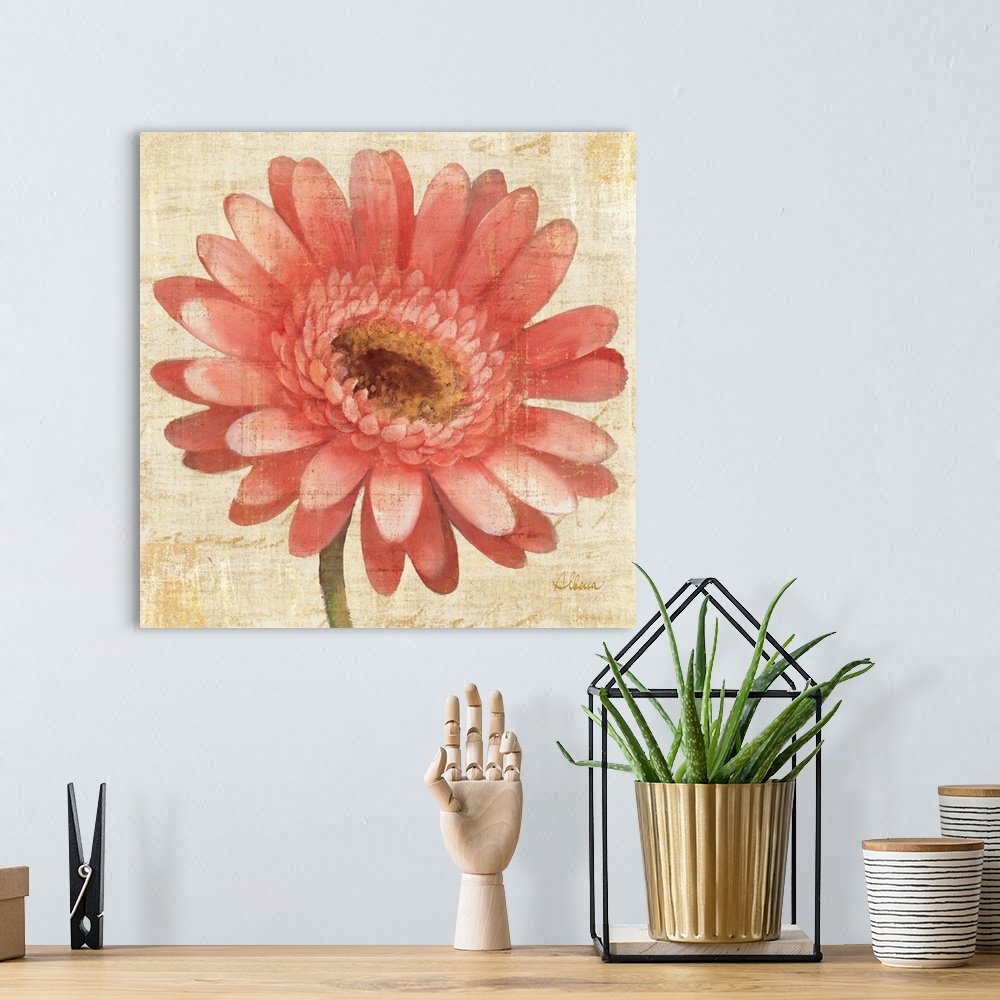 A bohemian room featuring Contemporary artwork of a blooming pink flower close-up in the frame of the image.
