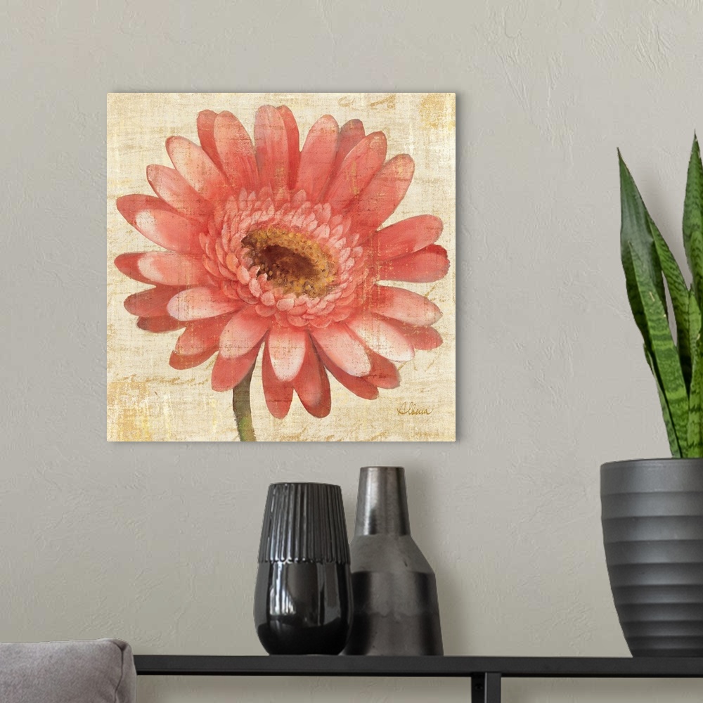 A modern room featuring Contemporary artwork of a blooming pink flower close-up in the frame of the image.