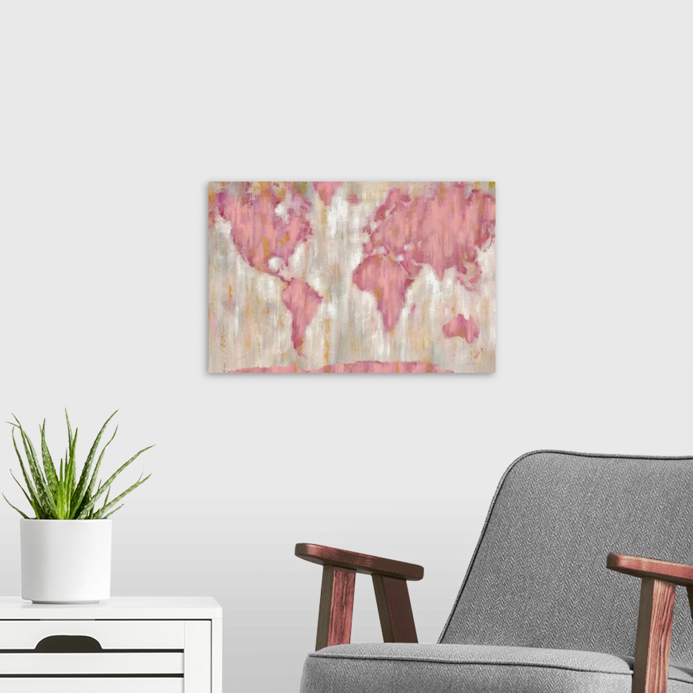 A modern room featuring Contemporary artwork of a world map with vertical brush strokes in pink and gold over a mottled b...