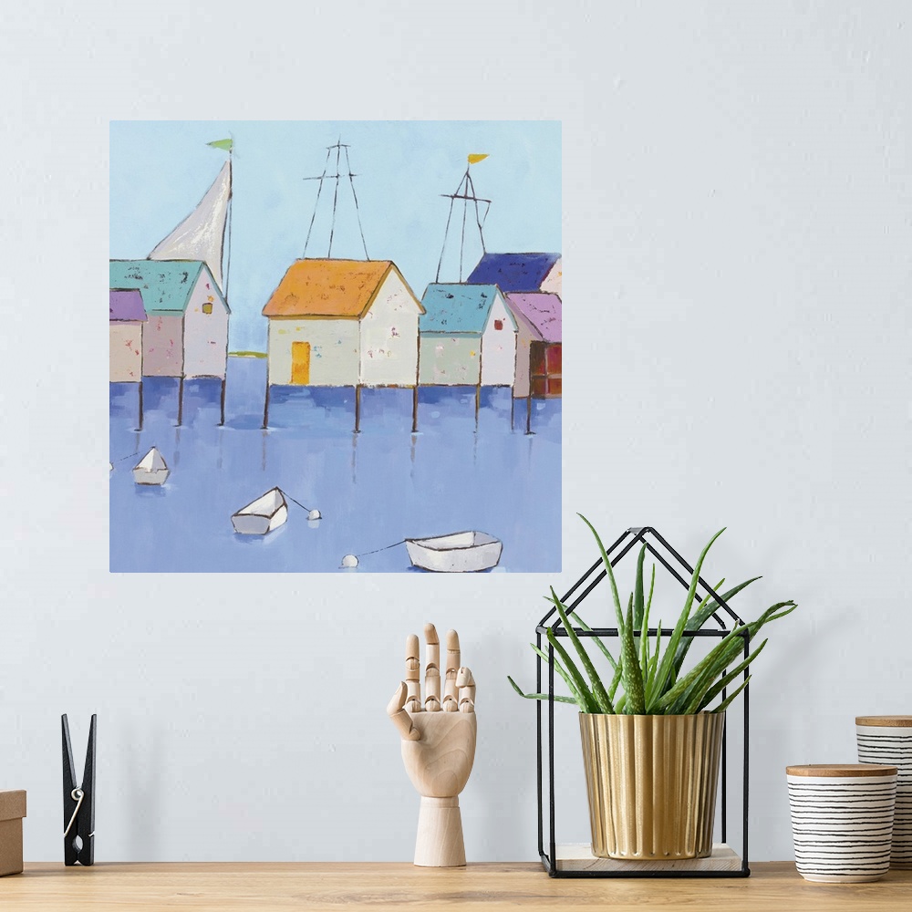 A bohemian room featuring Contemporary painting of a row of colorful waterfront boat houses with multiple row boats and sai...