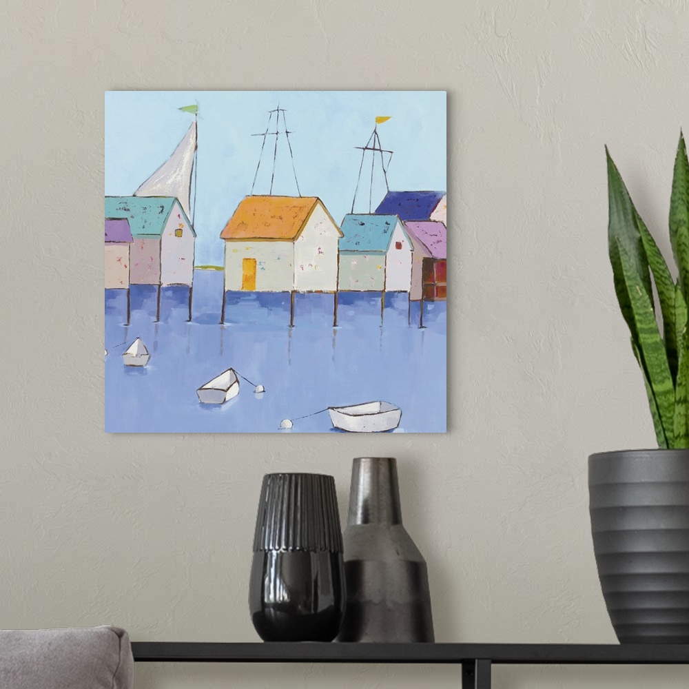 A modern room featuring Contemporary painting of a row of colorful waterfront boat houses with multiple row boats and sai...