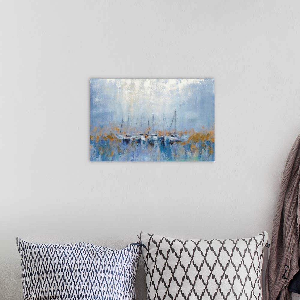 A bohemian room featuring A contemporary horizontal painting of a row of boats in a harbor in an abstract style with gold a...