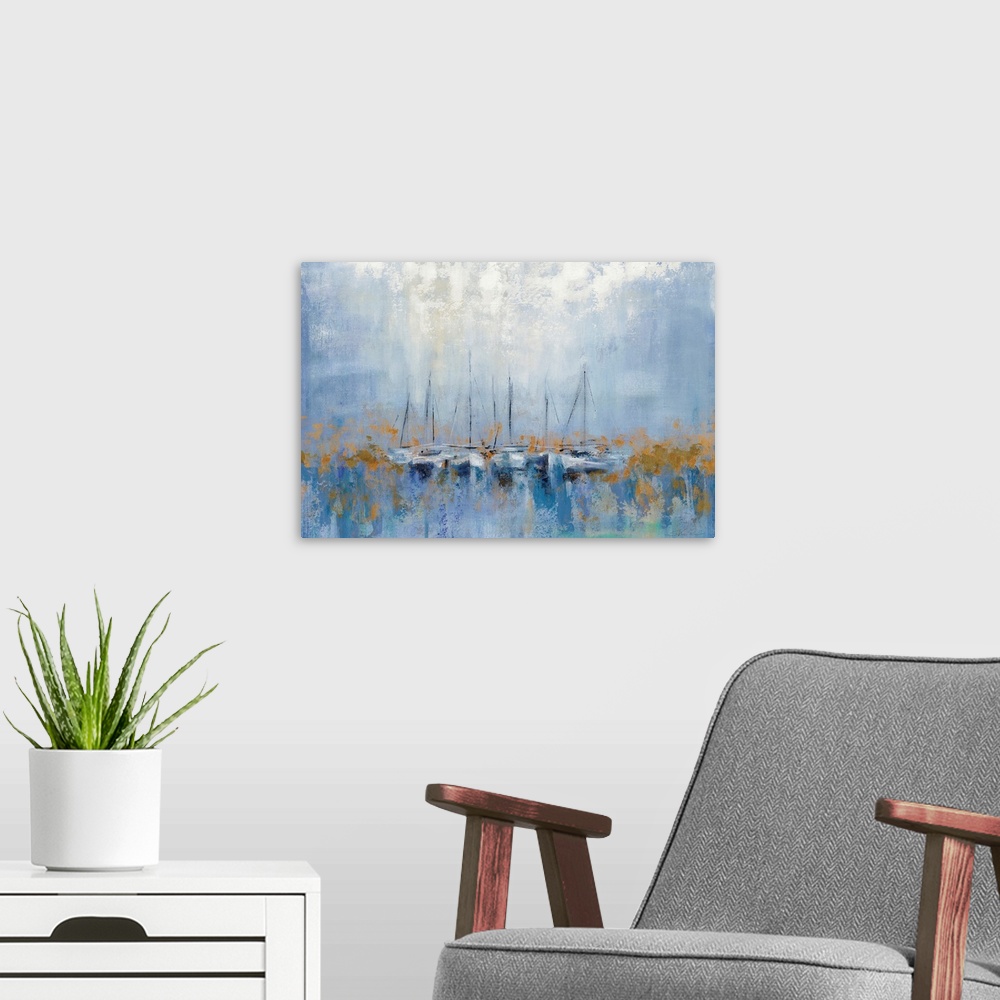 A modern room featuring A contemporary horizontal painting of a row of boats in a harbor in an abstract style with gold a...