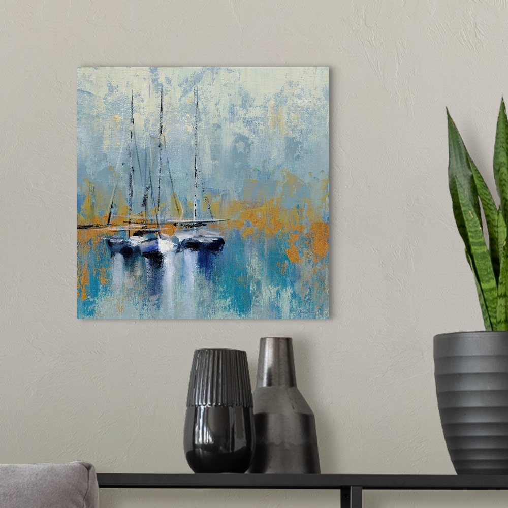 A modern room featuring A square abstract painting of sail boats in a harbor in textured brush strokes of blue and gold.