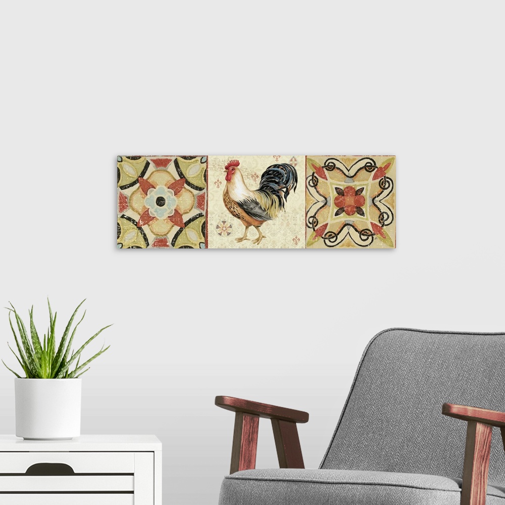 A modern room featuring Bohemian Rooster Panel I