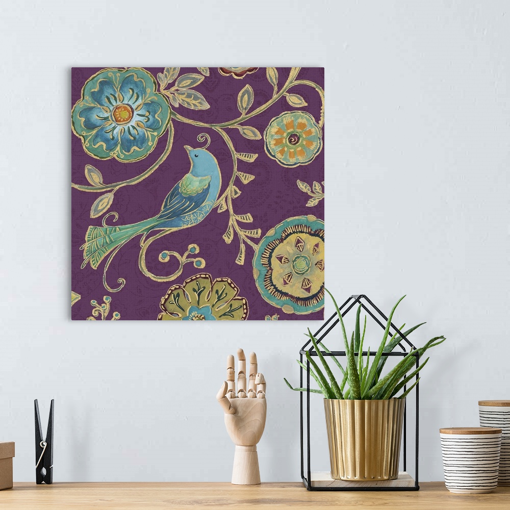 A bohemian room featuring Gold trimmed bird and flowers on a purple floral background.