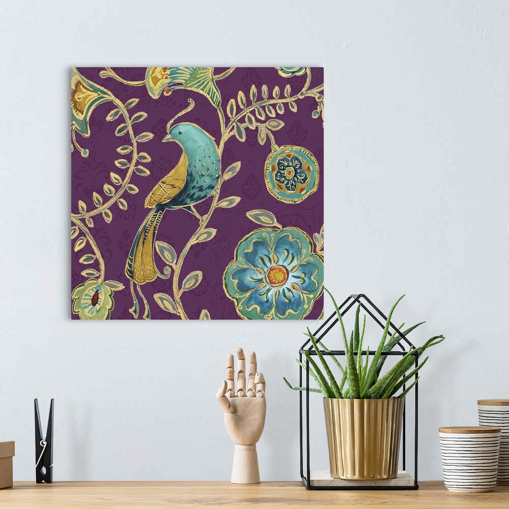 A bohemian room featuring Gold trimmed bird and flowers on a purple floral background.