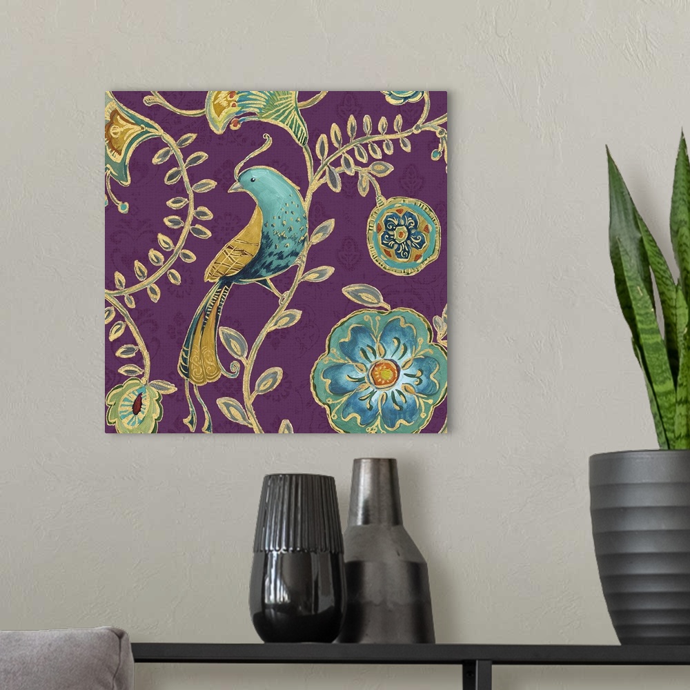 A modern room featuring Gold trimmed bird and flowers on a purple floral background.
