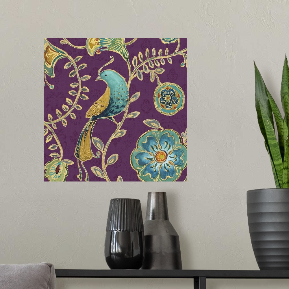 A modern room featuring Gold trimmed bird and flowers on a purple floral background.