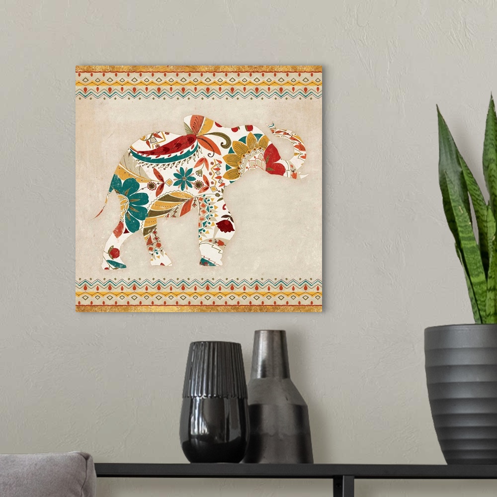 A modern room featuring Contemporary home decor artwork of an elephant in an ornate and decorative floral pattern.