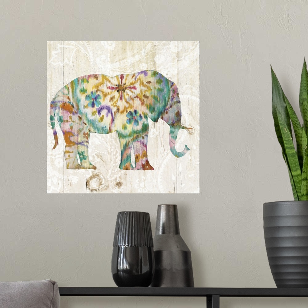 A modern room featuring Boho Paisley Elephant I