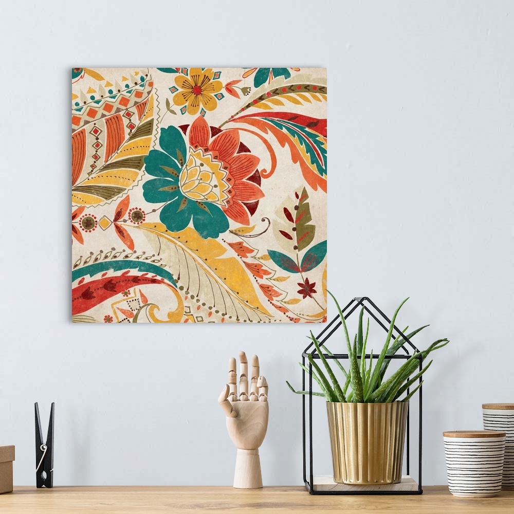 A bohemian room featuring Contemporary home decor artwork of an ornate and decorative floral pattern.