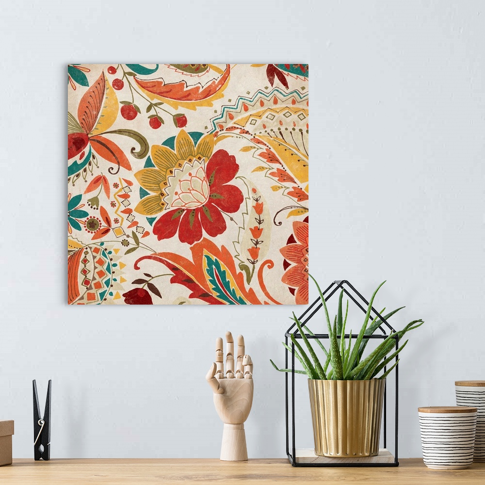 A bohemian room featuring Contemporary home decor artwork of an ornate and decorative floral pattern.