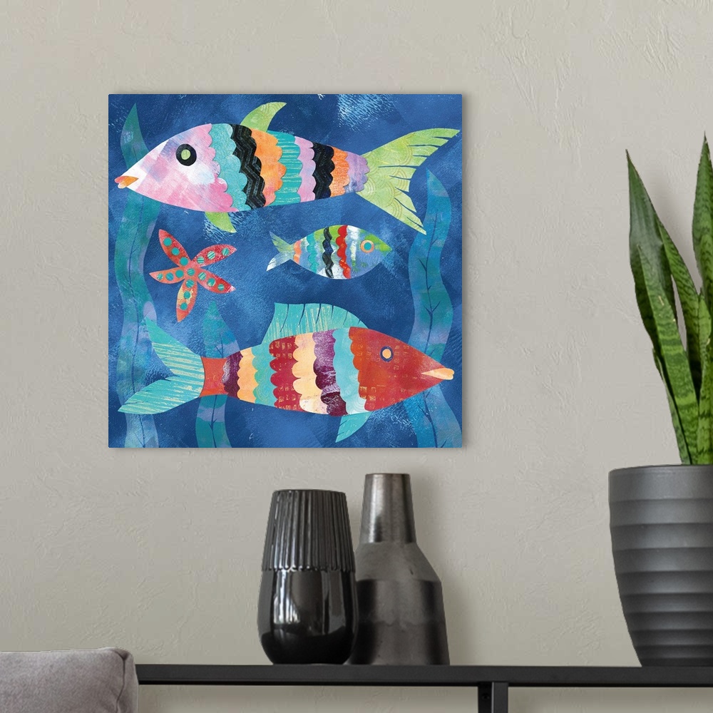 A modern room featuring A collage of three colorful fish and a starfish with seaweed in the background made with mixed me...