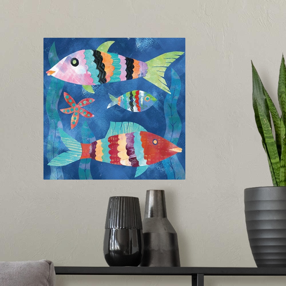 A modern room featuring A collage of three colorful fish and a starfish with seaweed in the background made with mixed me...