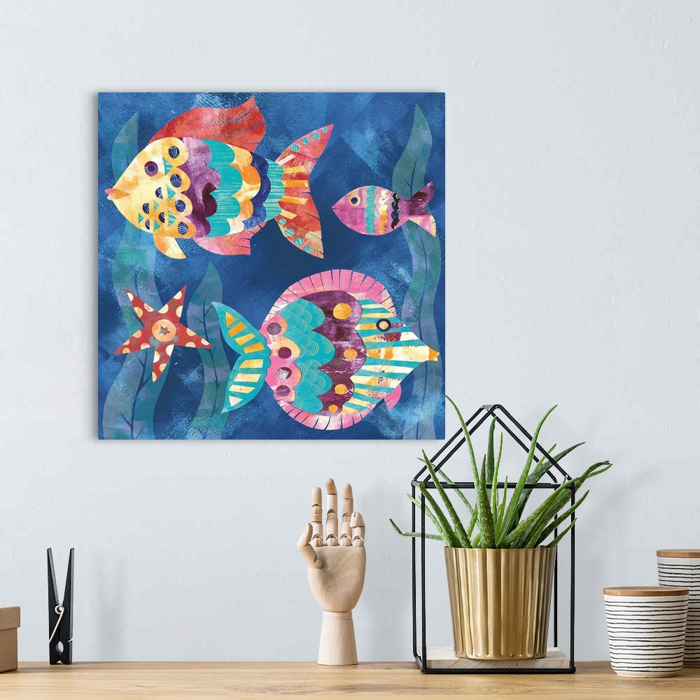 A bohemian room featuring A collage of three colorful fish and a starfish with seaweed in the background made with mixed me...