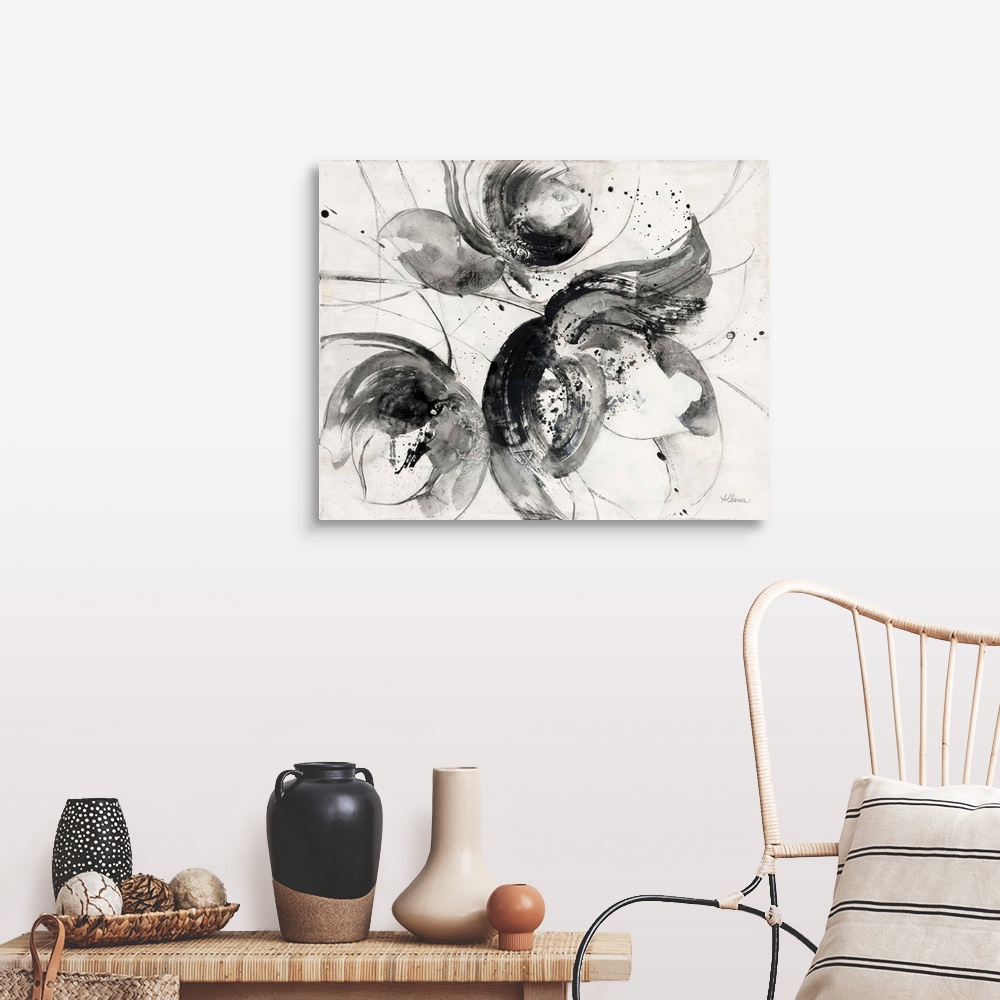 A farmhouse room featuring Black and white abstract watercolor painting of flowers.