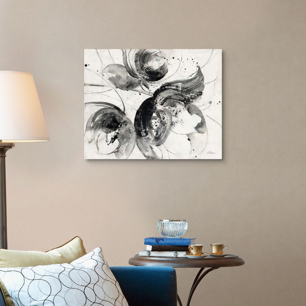 A traditional room featuring Black and white abstract watercolor painting of flowers.