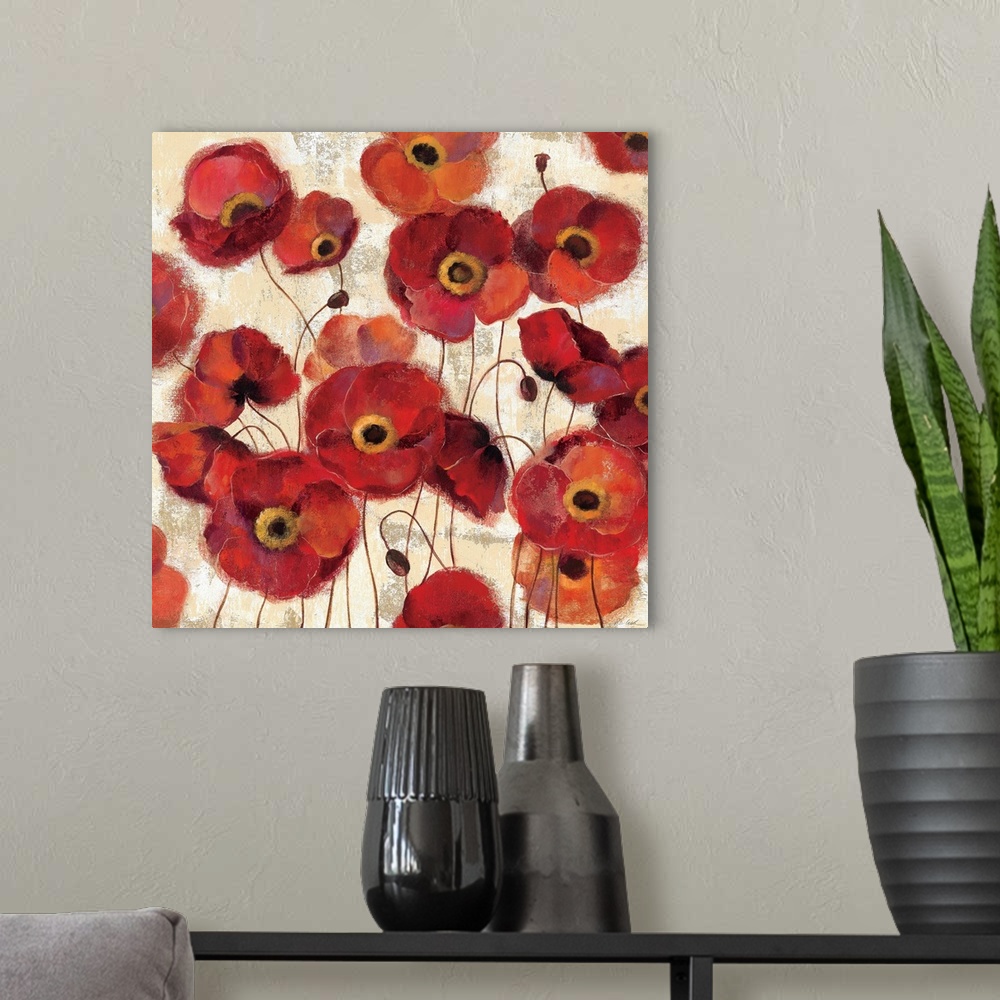 A modern room featuring A large square print that contains numerous painted poppy flowers throughout the piece.