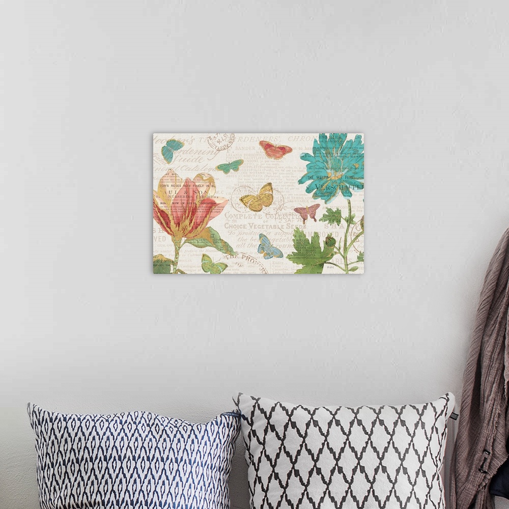 A bohemian room featuring Flowers and butterflies on a faded text background created with mixed media.