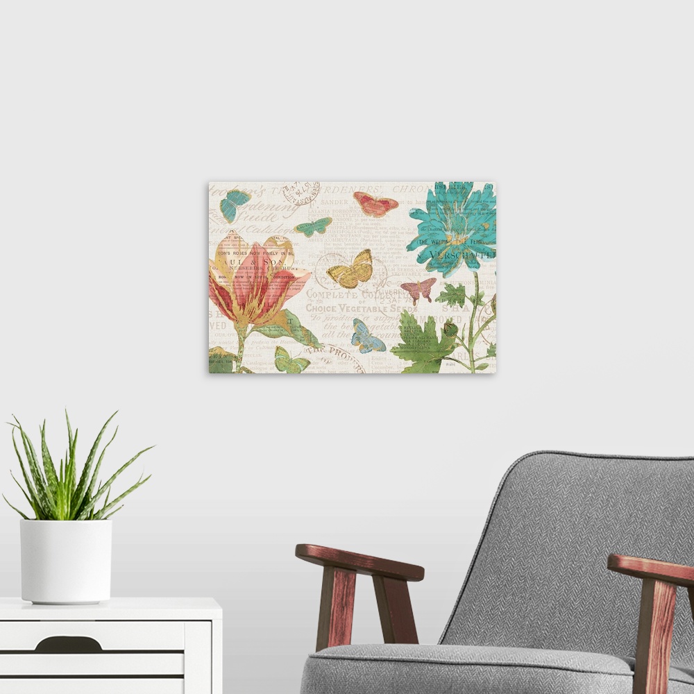 A modern room featuring Flowers and butterflies on a faded text background created with mixed media.