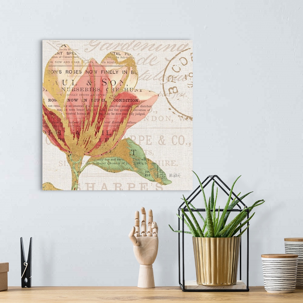 A bohemian room featuring Square print of a pink and gold flower on a faded text background created with mixed media.