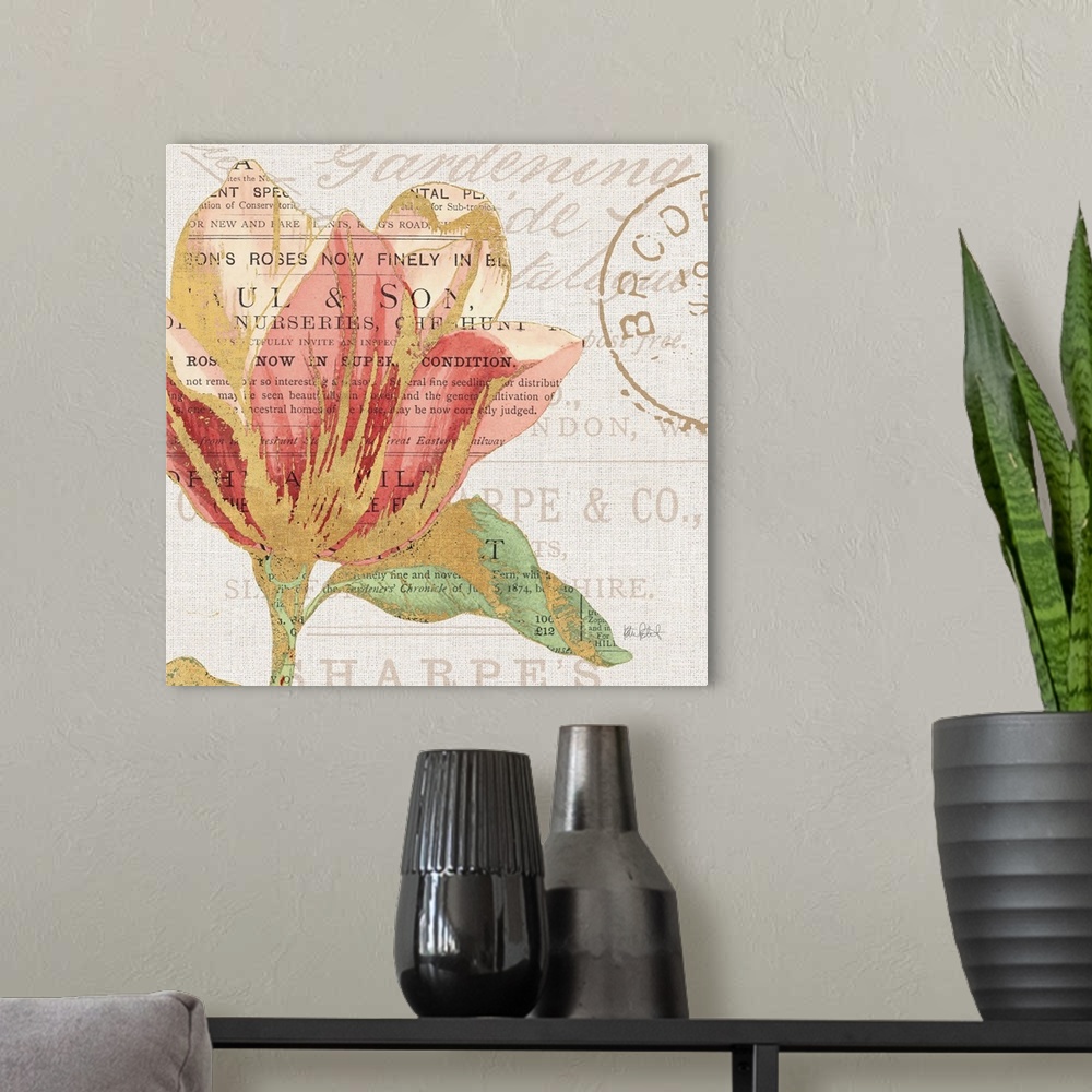 A modern room featuring Square print of a pink and gold flower on a faded text background created with mixed media.