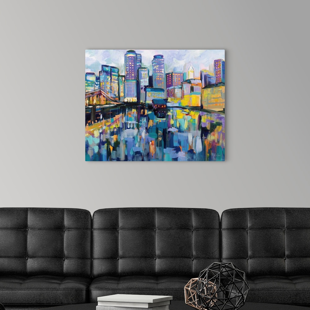 A modern room featuring Boston Harbor