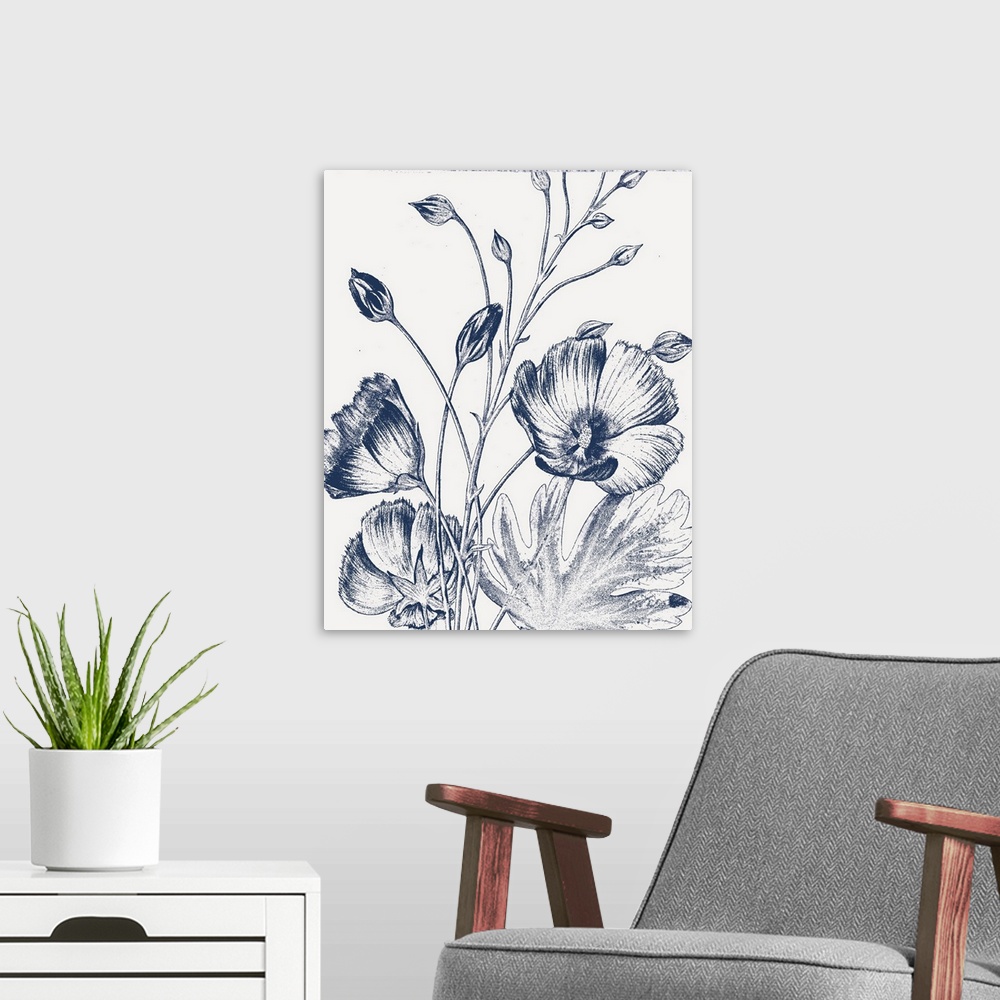 A modern room featuring Decorative image of dark blue poppies on a white background.