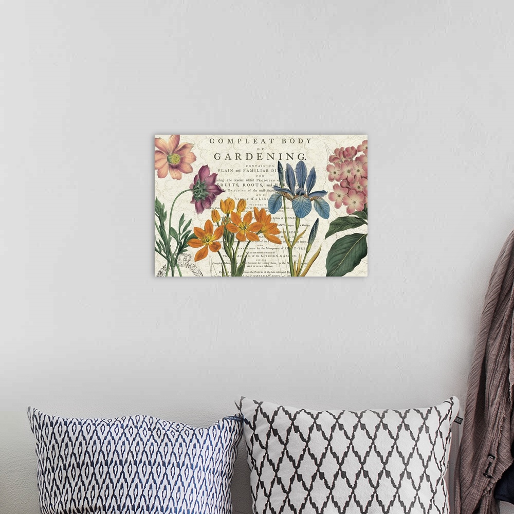 A bohemian room featuring Botanical illustrations against a weathered background with text.