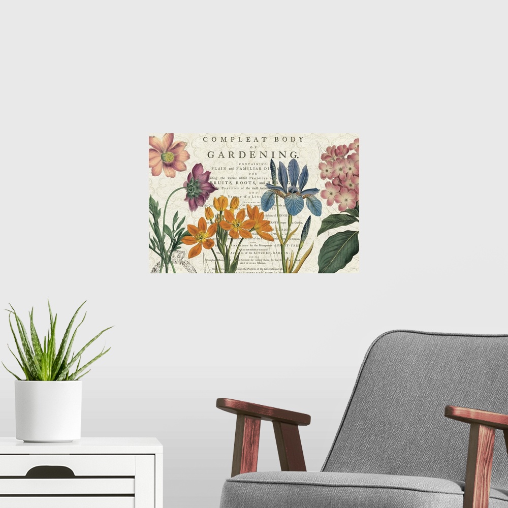 A modern room featuring Botanical illustrations against a weathered background with text.