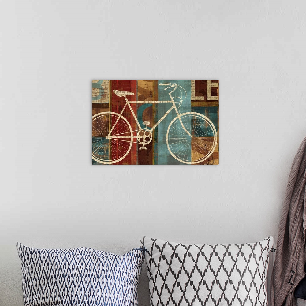 A bohemian room featuring Bicycle wall docor art that is a silhouette of a cycle on a striped abstract background.