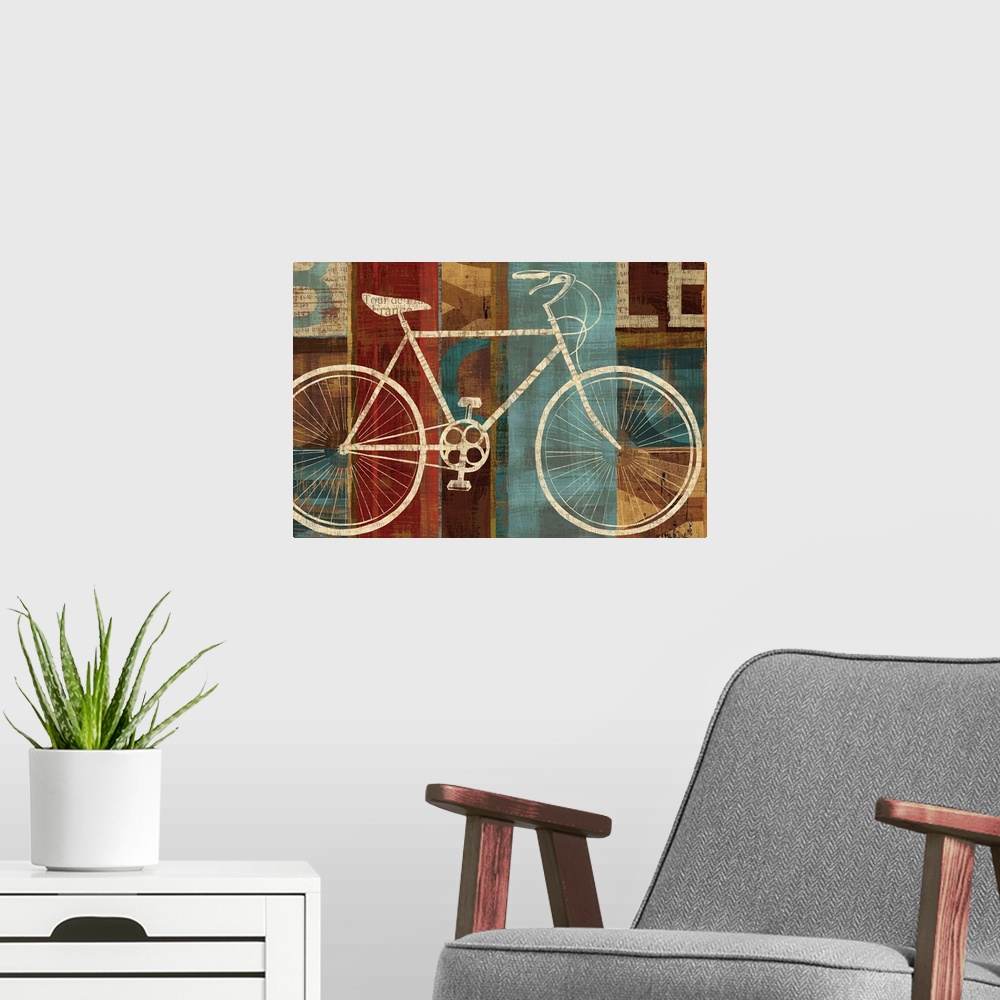 A modern room featuring Bicycle wall docor art that is a silhouette of a cycle on a striped abstract background.
