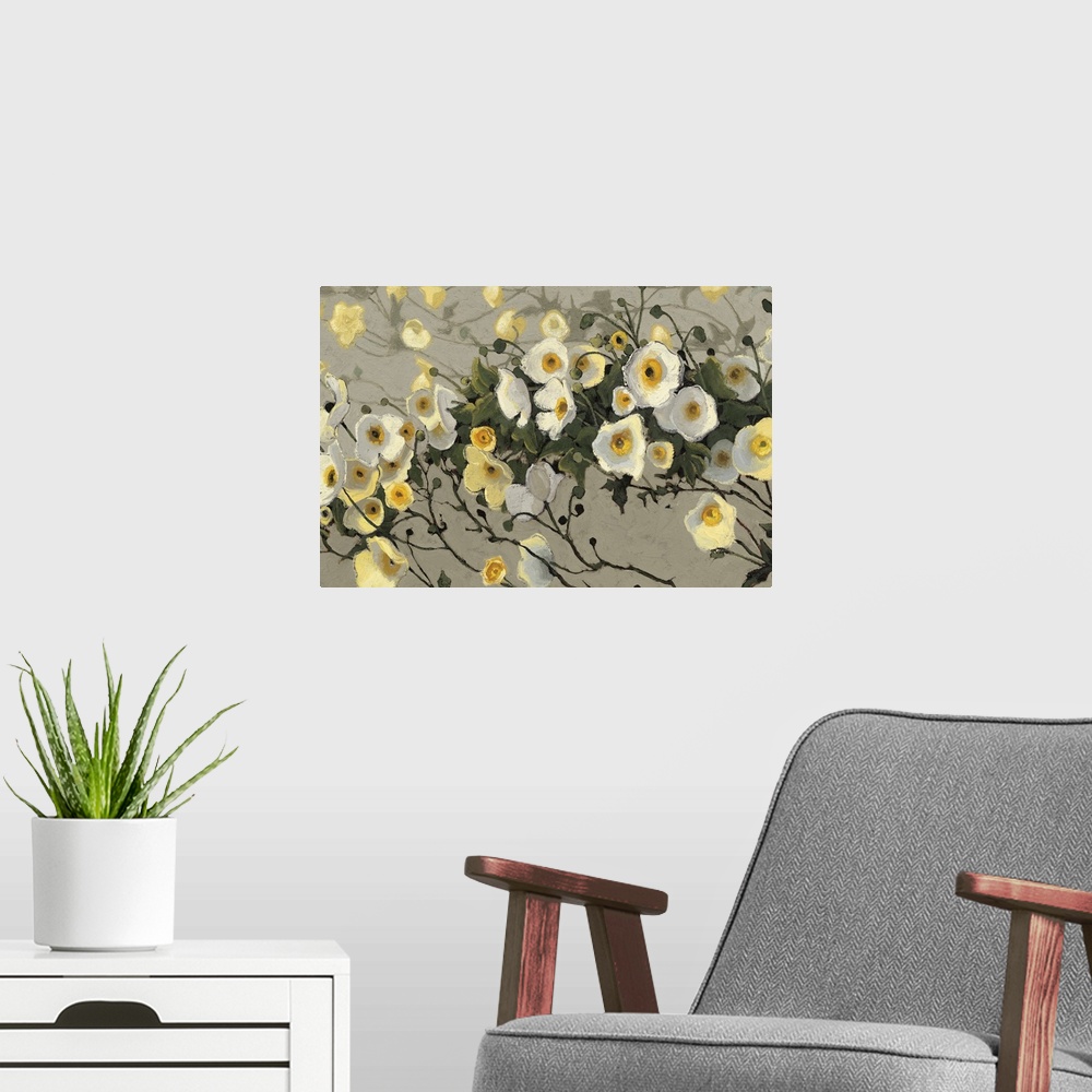A modern room featuring Contemporary painting of garden flowers in yellow and white against a putty gray background.