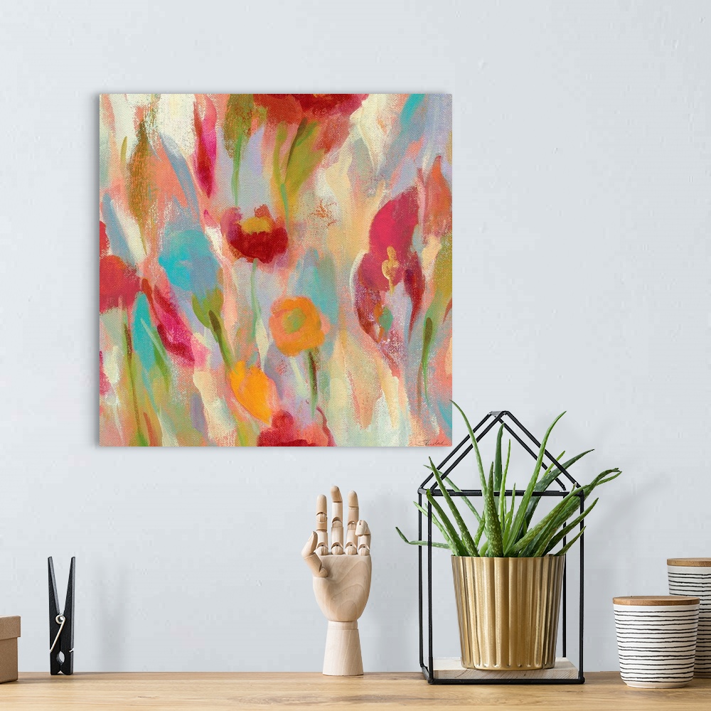 A bohemian room featuring Contemporary abstract painting of a flowers.