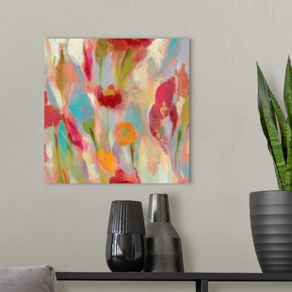 A modern room featuring Contemporary abstract painting of a flowers.