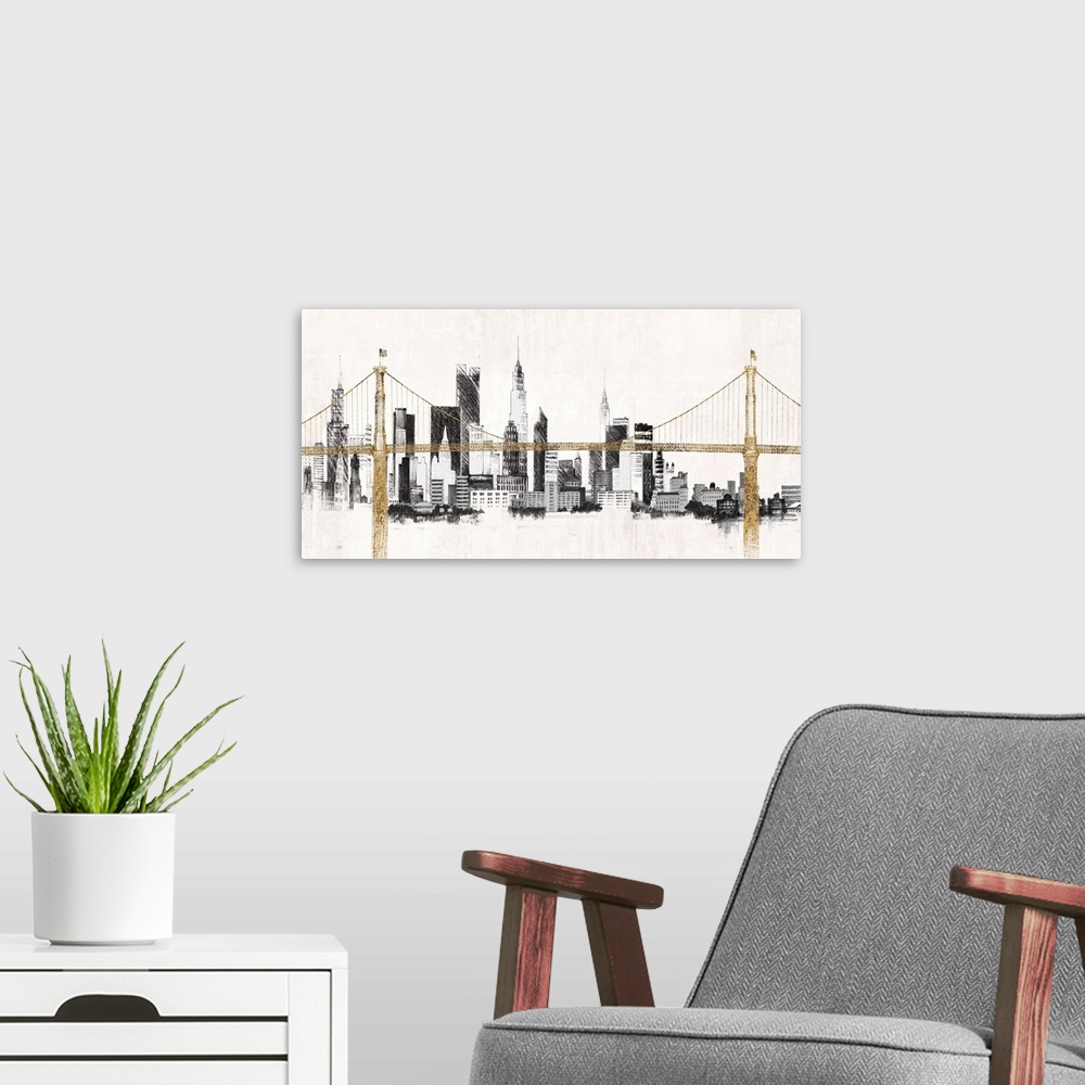 A modern room featuring Contemporary painting in black and gold of the Manhattan Bridge in front of the New York City sky...