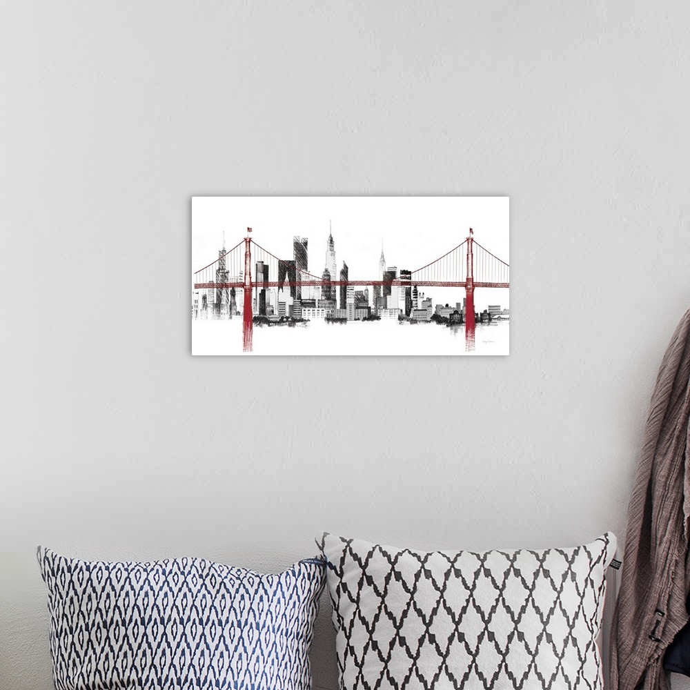 A bohemian room featuring Contemporary artwork of a sketched skyline of New York City with a red bridge in front.