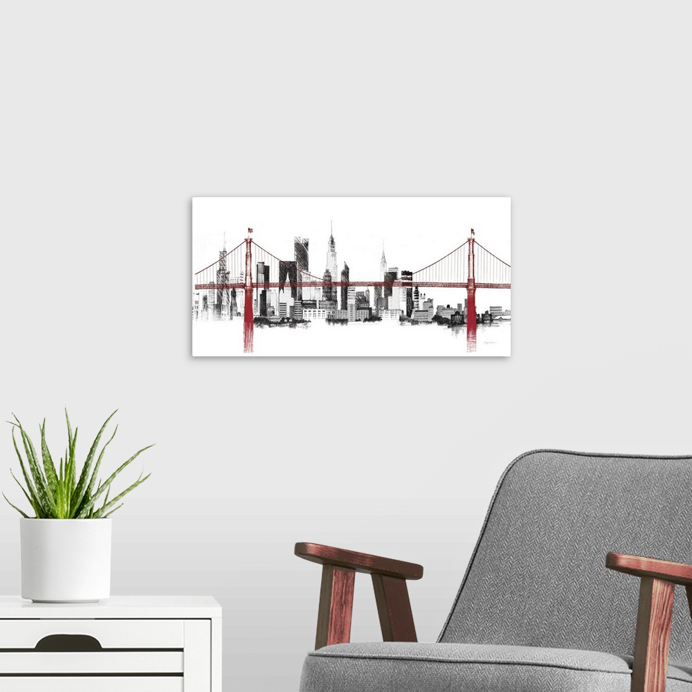 A modern room featuring Contemporary artwork of a sketched skyline of New York City with a red bridge in front.