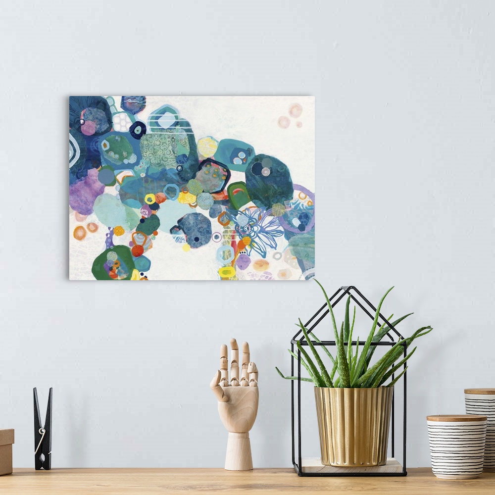 A bohemian room featuring Contemporary abstract painting using wild shapes and vibrant colors.