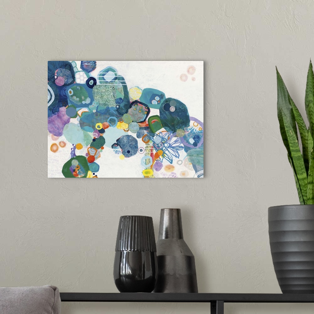 A modern room featuring Contemporary abstract painting using wild shapes and vibrant colors.