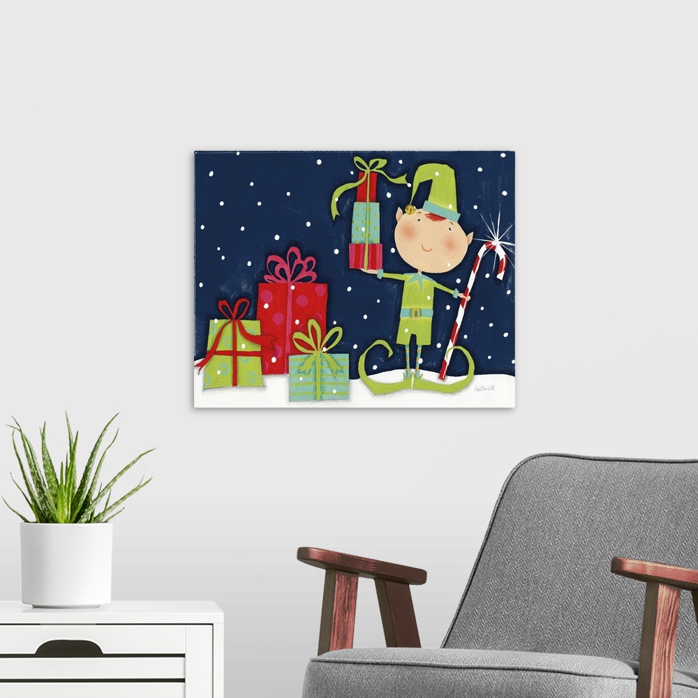 A modern room featuring Bright Christmas Candy Cane Elf Blue