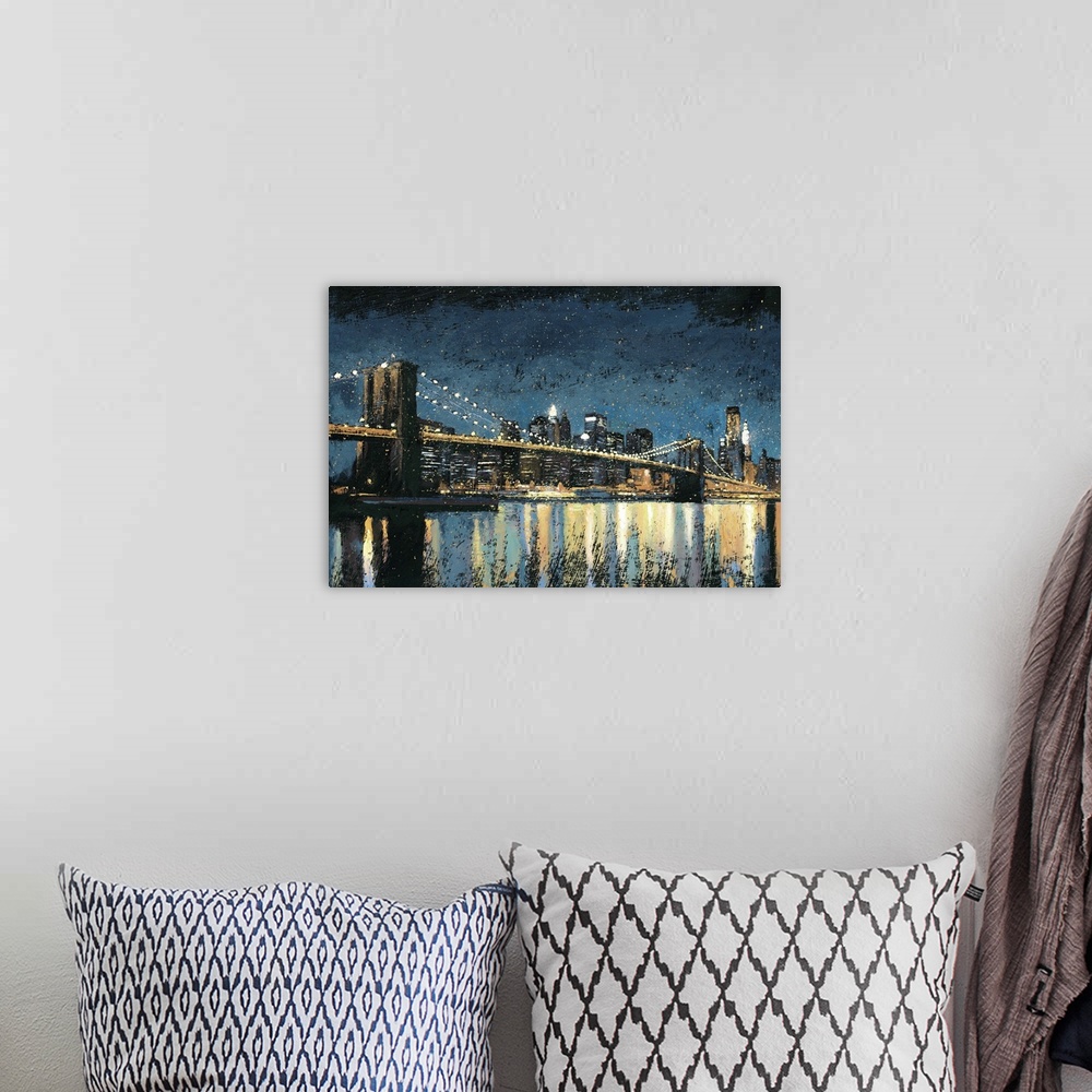 A bohemian room featuring Contemporary painting of the Brooklyn Bridge at night with the water reflecting the city lights.