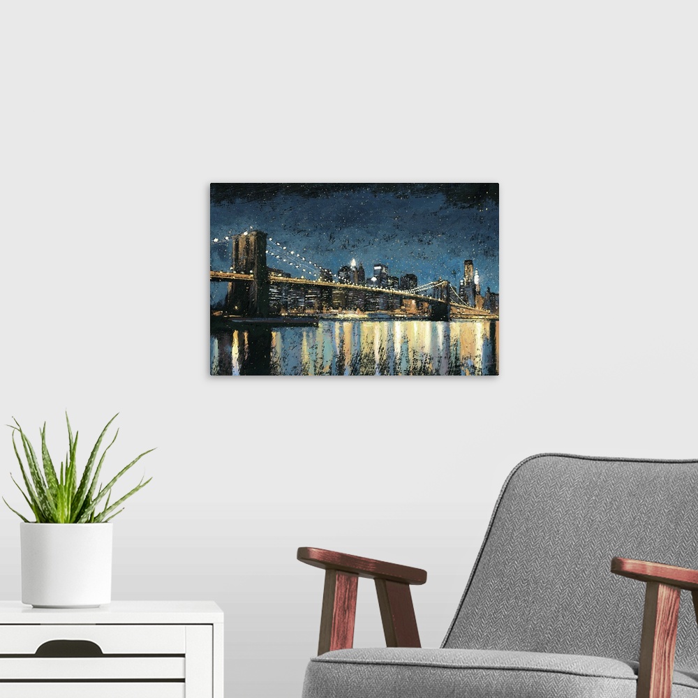 A modern room featuring Contemporary painting of the Brooklyn Bridge at night with the water reflecting the city lights.