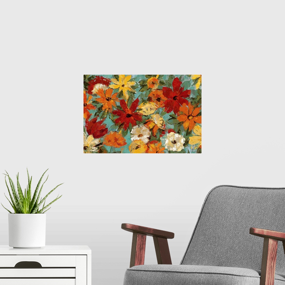 A modern room featuring Decorative artwork perfect for the home of warm toned painted flowers against a greenish blue bac...