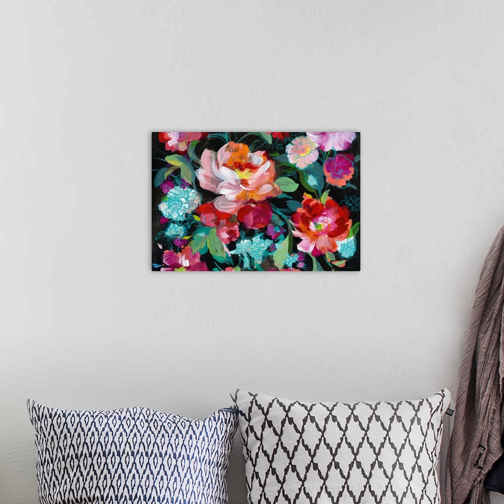 A bohemian room featuring Contemporary painting of bright florals on a black background.