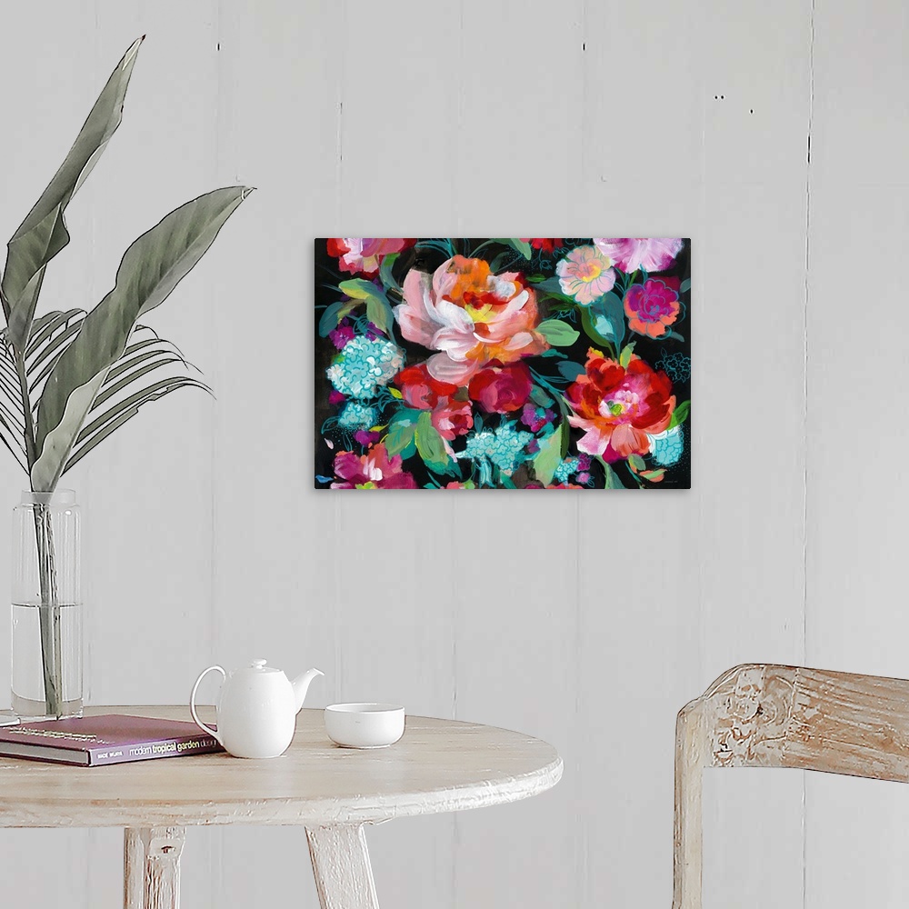 A farmhouse room featuring Contemporary painting of bright florals on a black background.