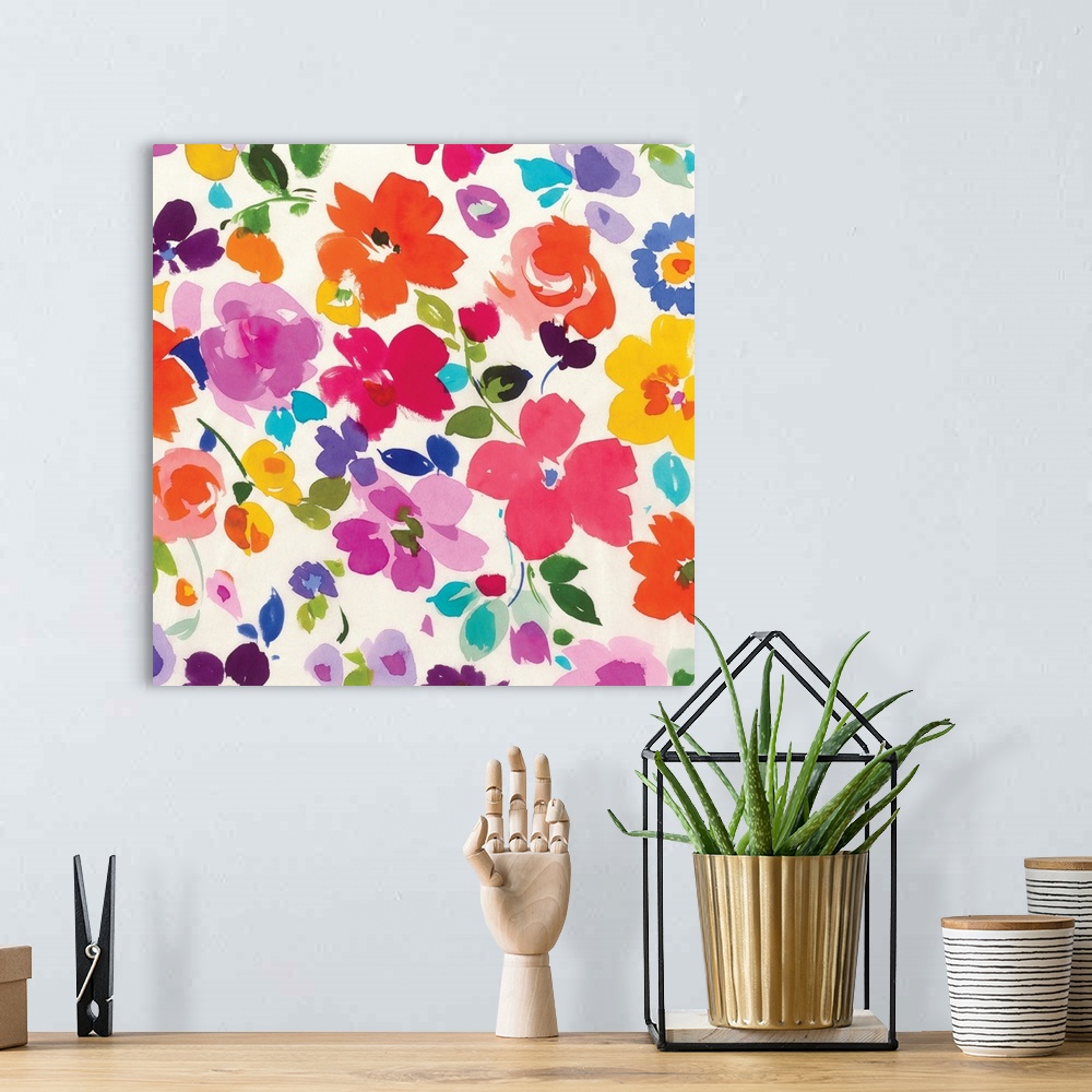 A bohemian room featuring Colorful watercolor painting of summer flowers on white.