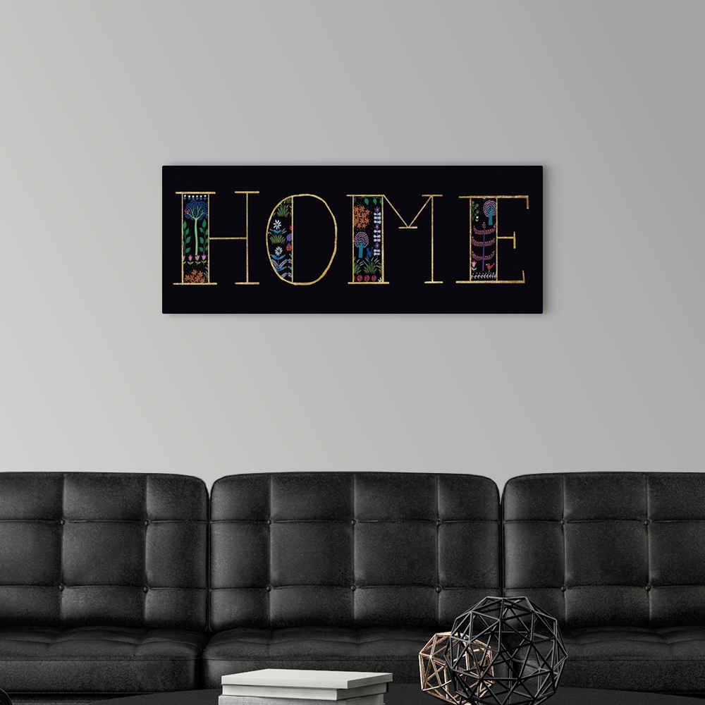 A modern room featuring "HOME" with a floral design on a black background.