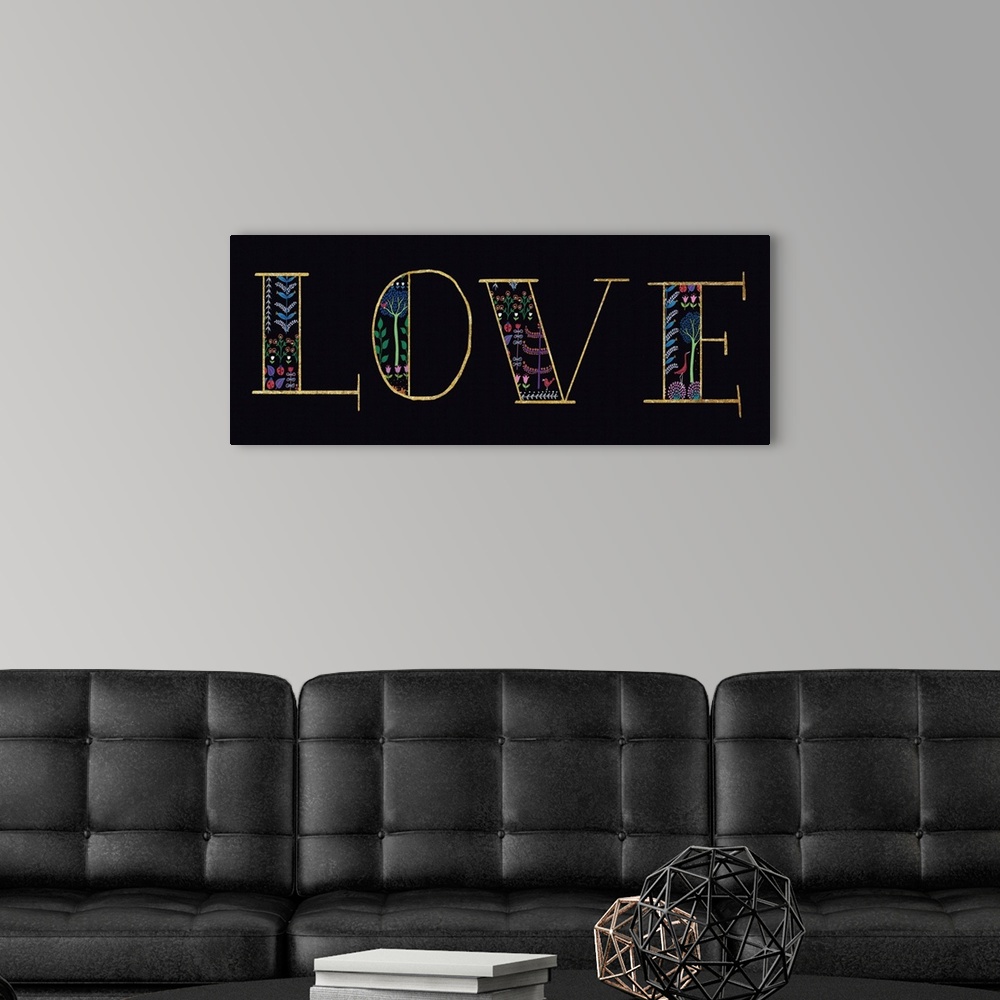 A modern room featuring "LOVE" with a floral design on a black background.